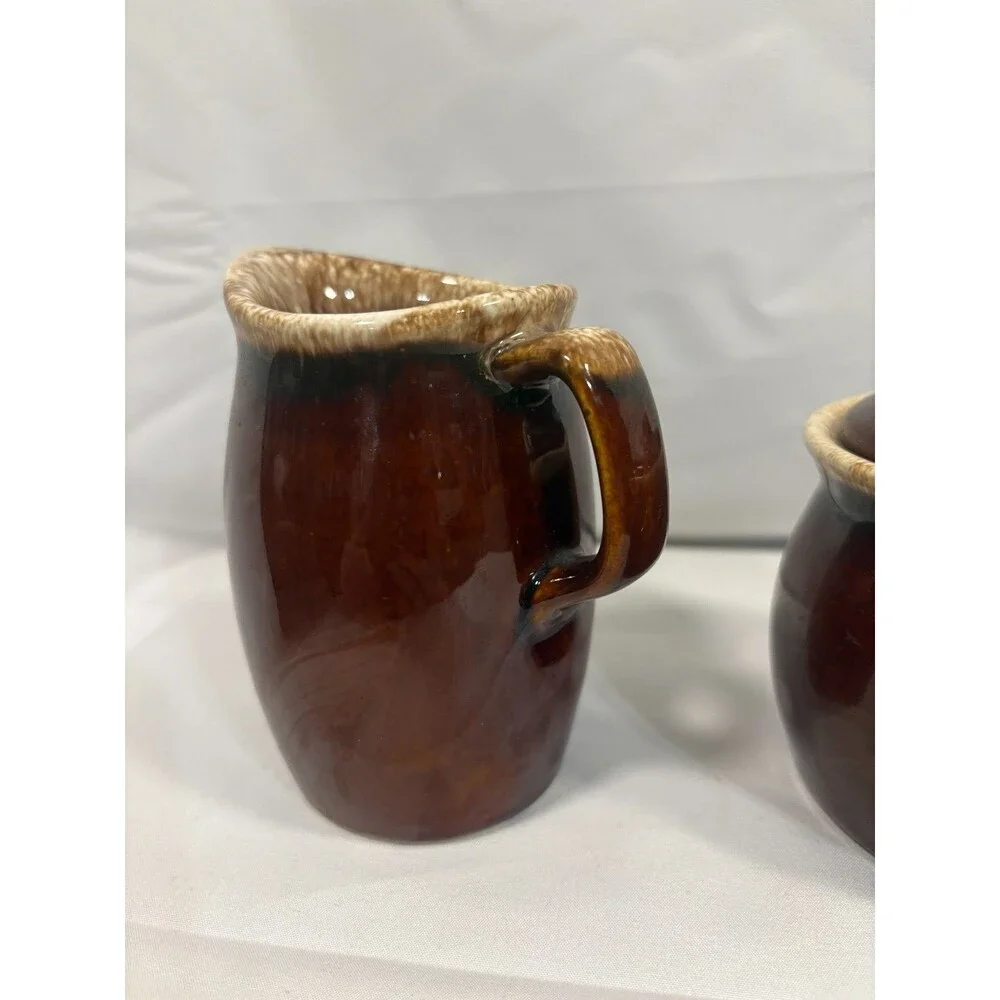 Vintage HULL POTTERY Brown Drip Sugar Bowl & Creamer Set - Oven Proof - USA